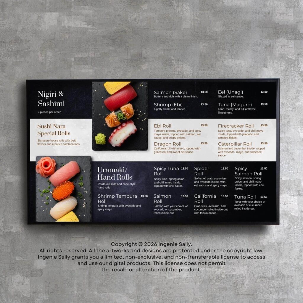 Animated Sushi Restaurant and Cafe TV Digital Menu Board Horizontal Canva Template