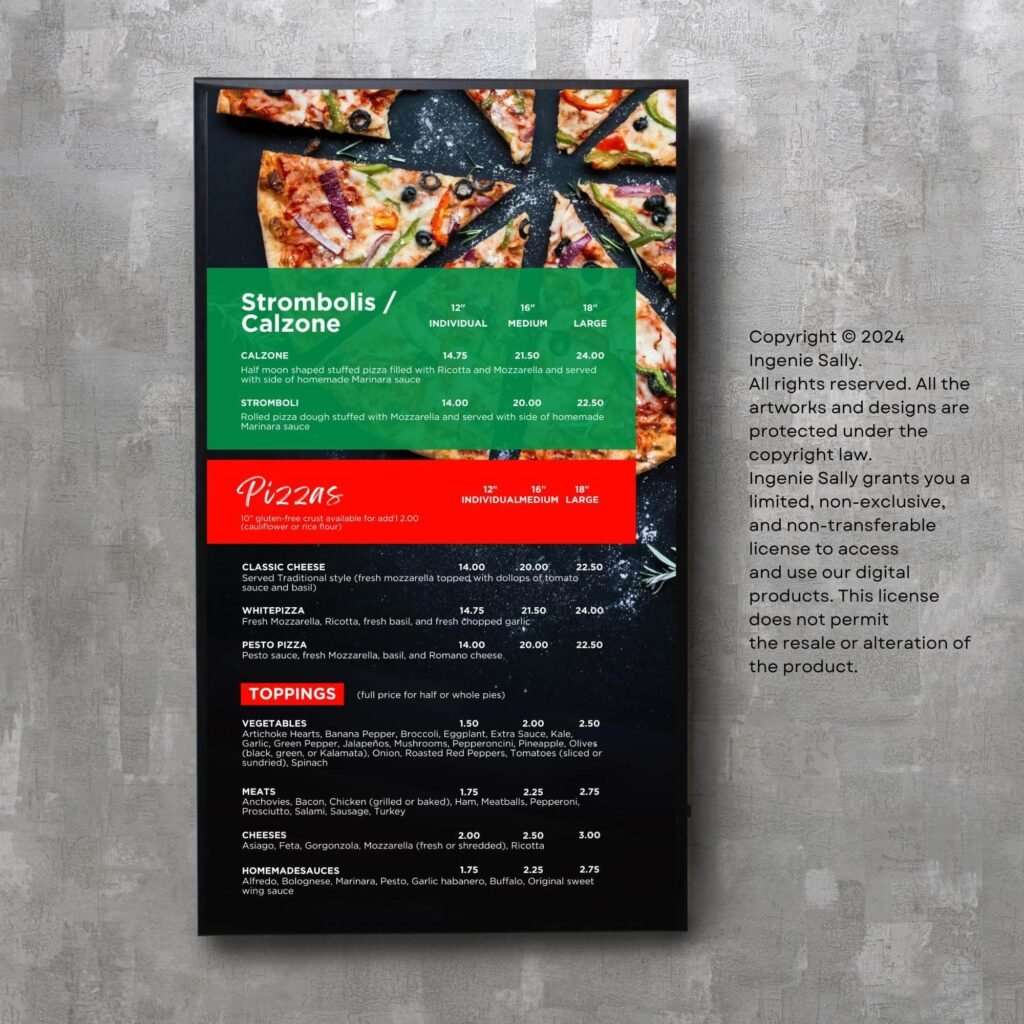 Pizza Vertical TV Digital Menu Board and Matching Takeout Menu Canva Template Bundle