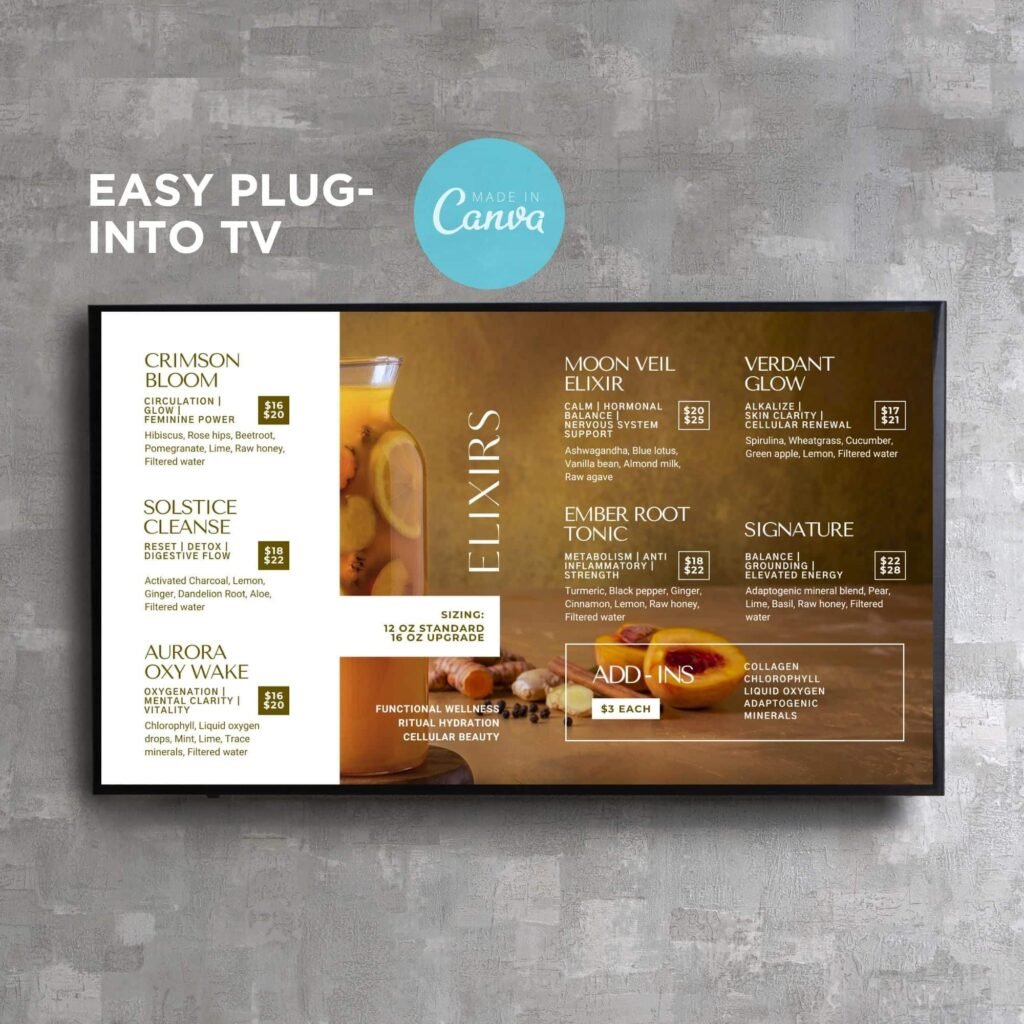 Juice and Smoothie Elegant Style TV Digital Menu Board Horizontal Canva Template