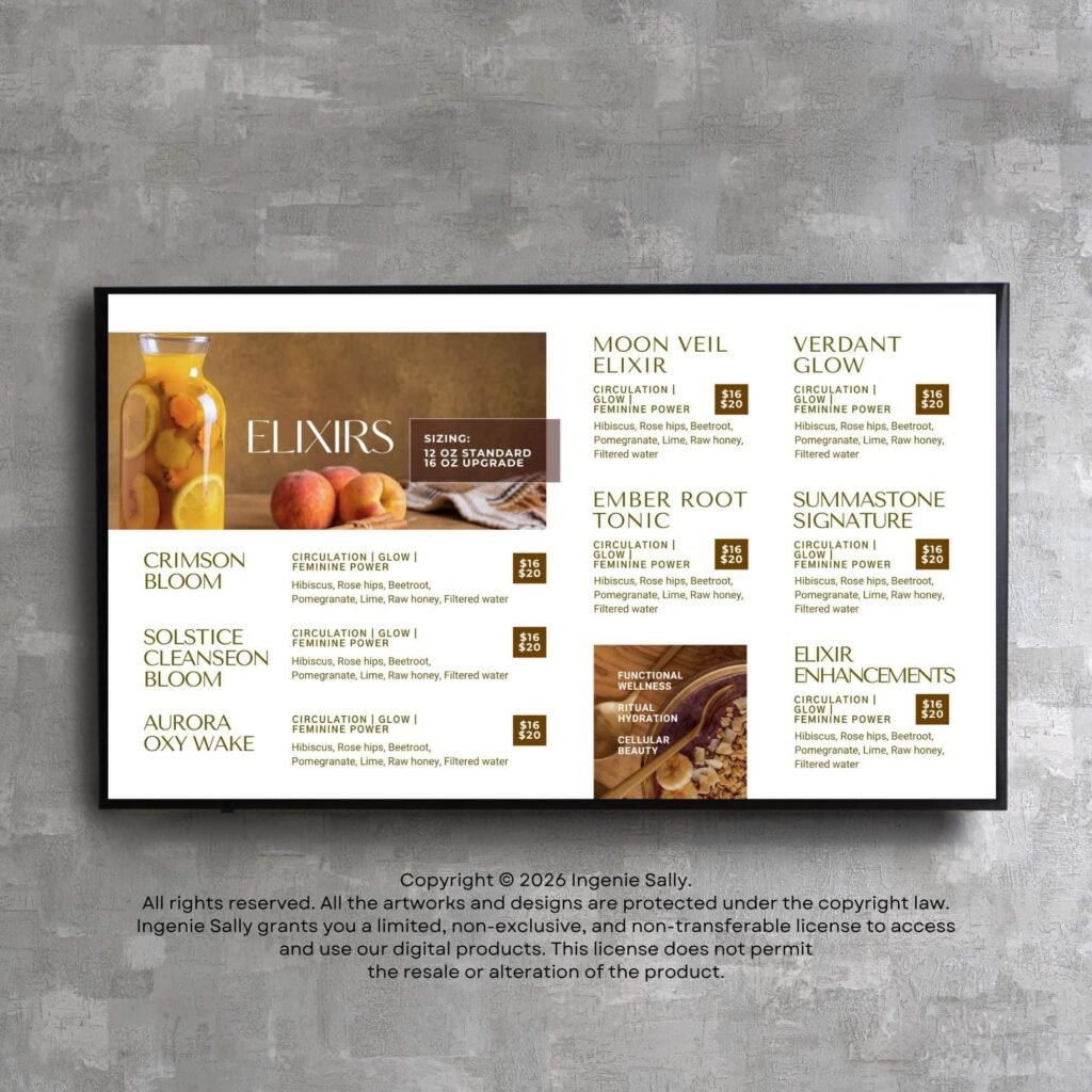 Juice and Smoothie Elegant Style TV Digital Menu Board Horizontal Canva Template