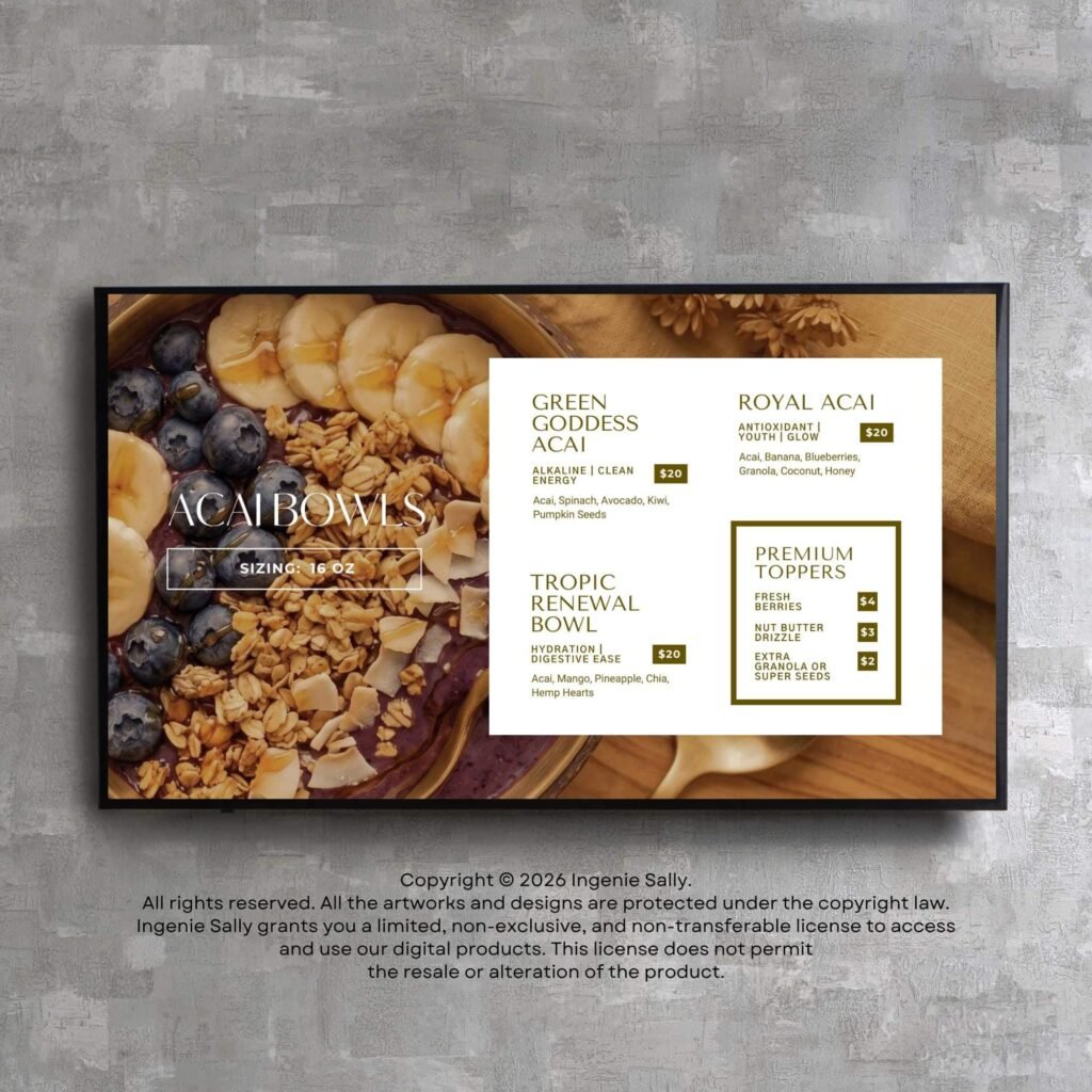 Juice and Smoothie Elegant Style TV Digital Menu Board Horizontal Canva Template